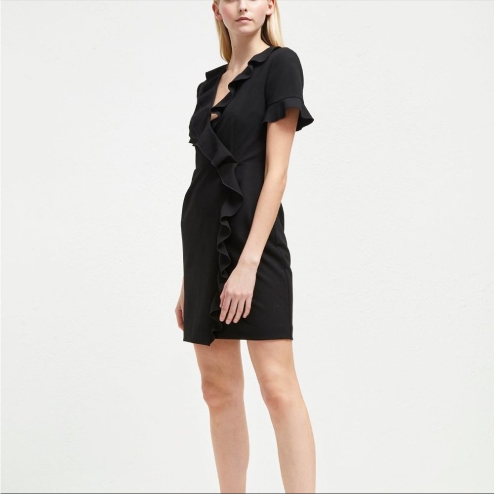 NEW! French Connection Dress Stretch Frill Ruffle Wrap Shift Mini Black Size 4